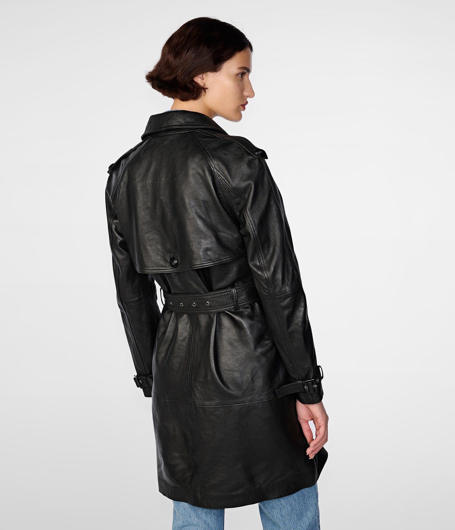 Maria Single Breasted Black Leather Trench Coat