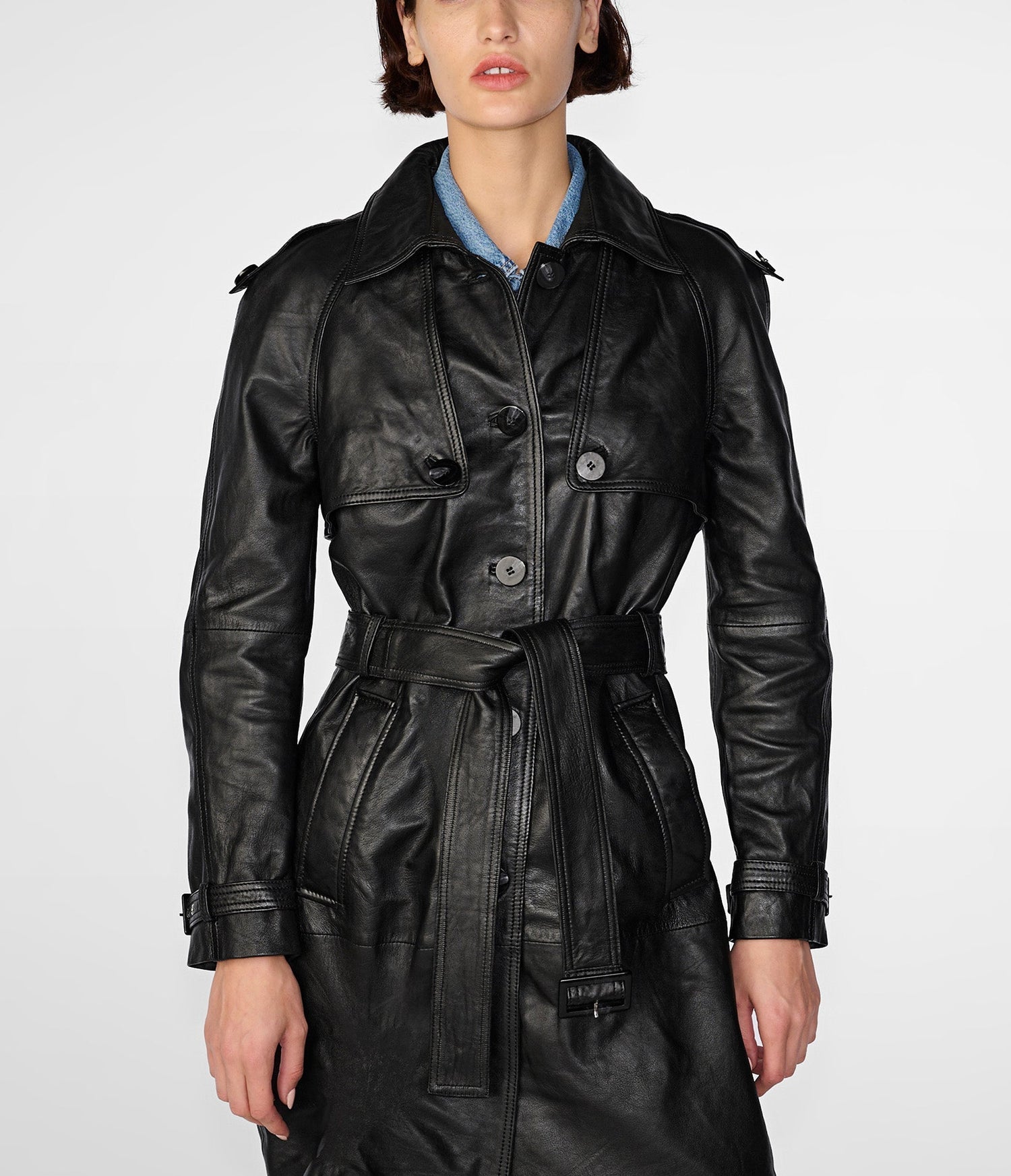Maria Single Breasted Black Leather Trench Coat