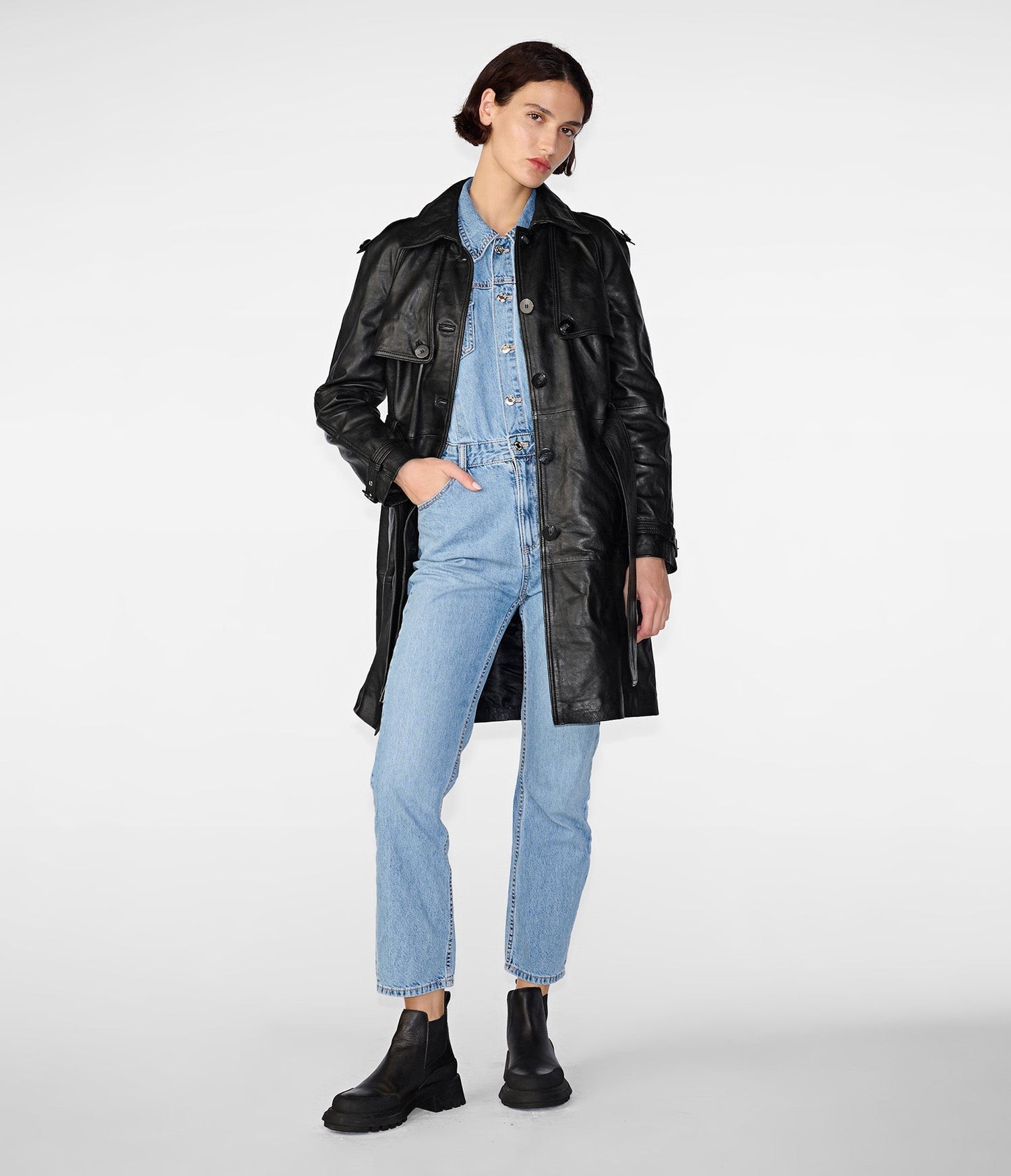 Maria Single Breasted Black Leather Trench Coat