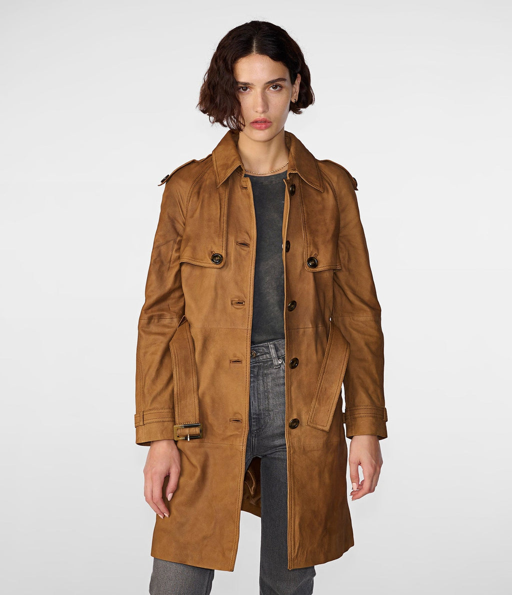 Maria Single Breasted Tan Leather Trench Coat