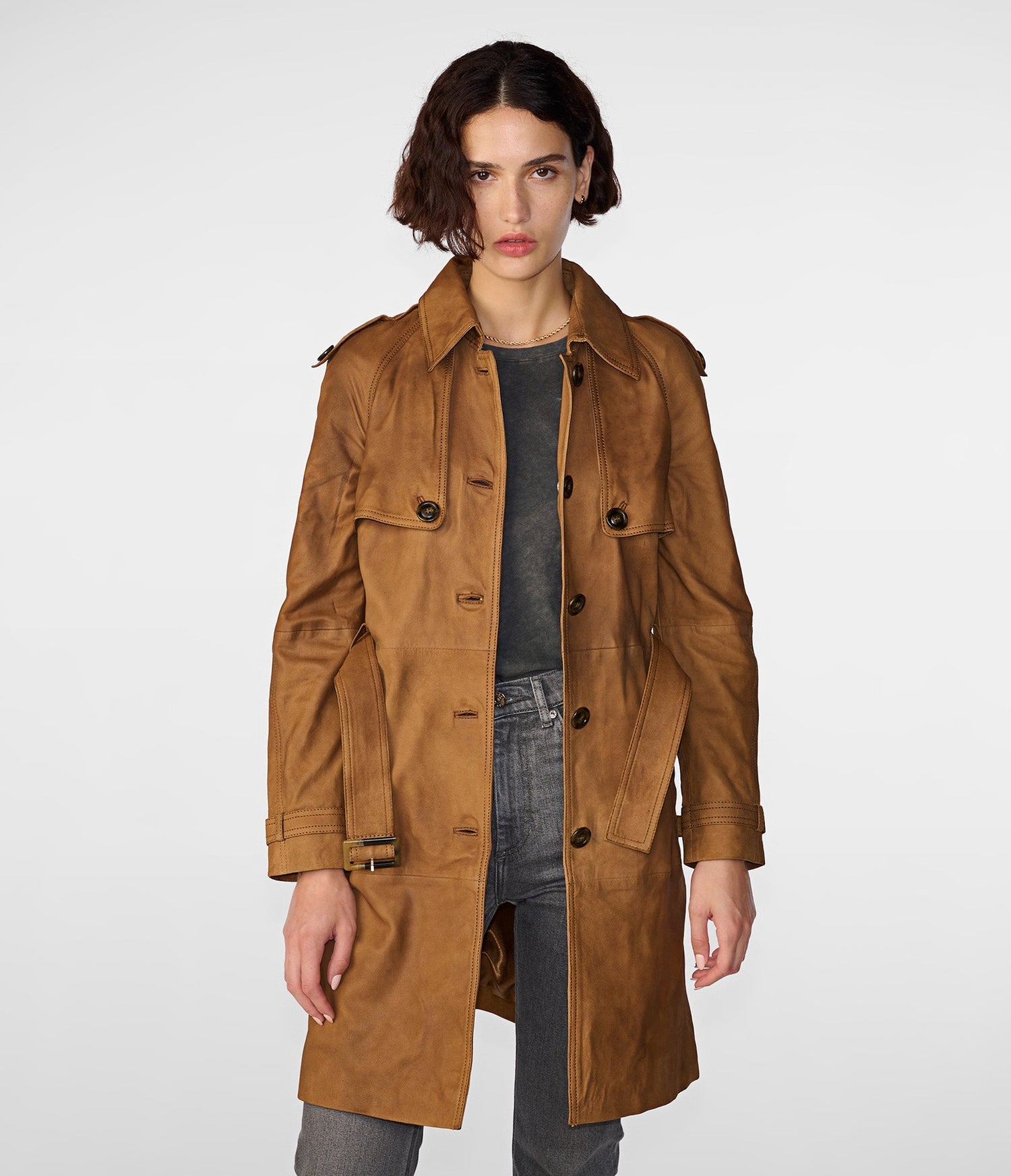 Maria Single Breasted Tan Leather Trench Coat