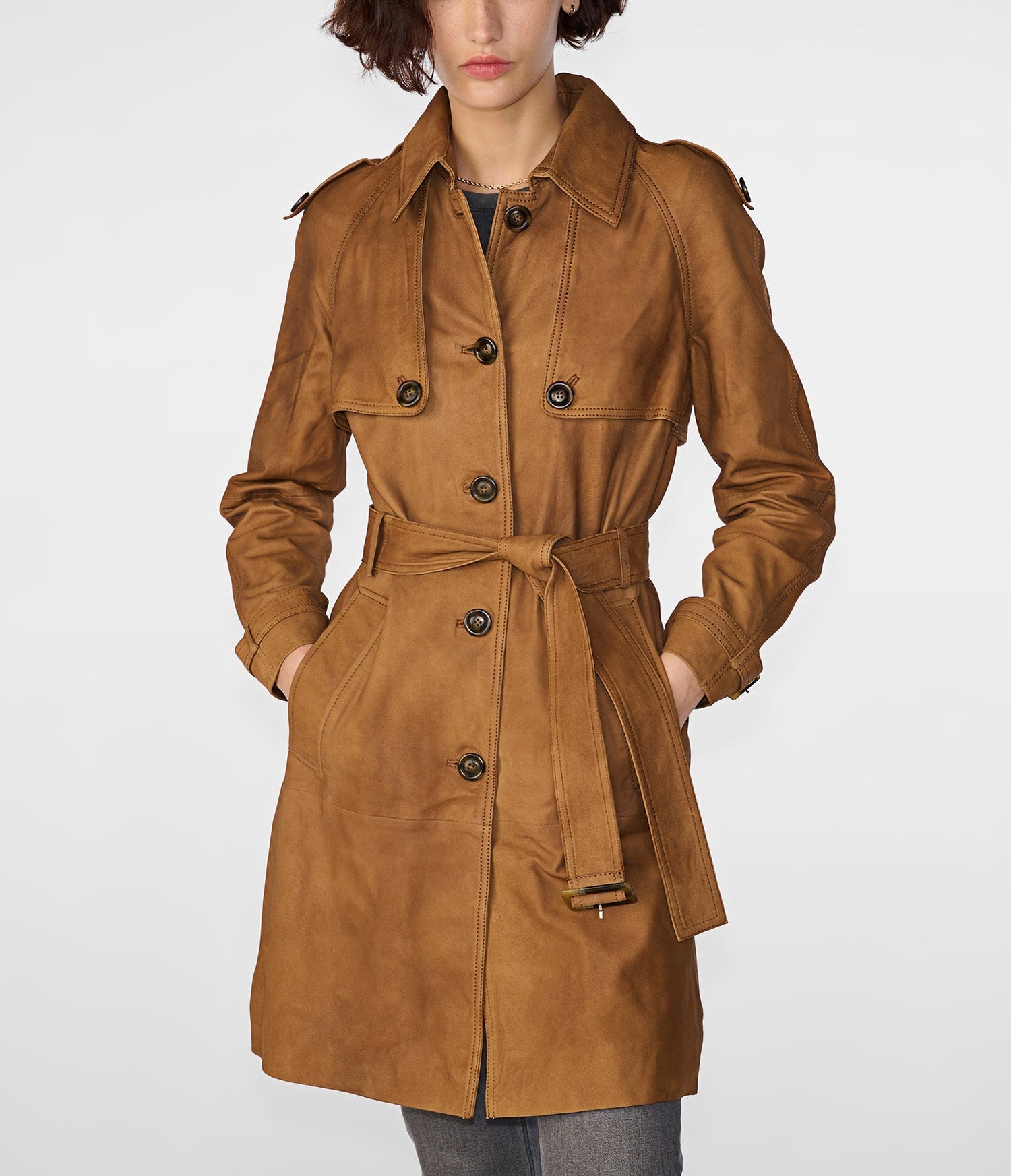 Maria Single Breasted Tan Leather Trench Coat