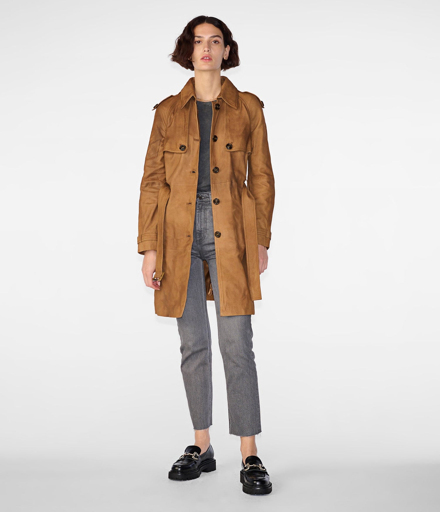 Maria Single Breasted Tan Leather Trench Coat