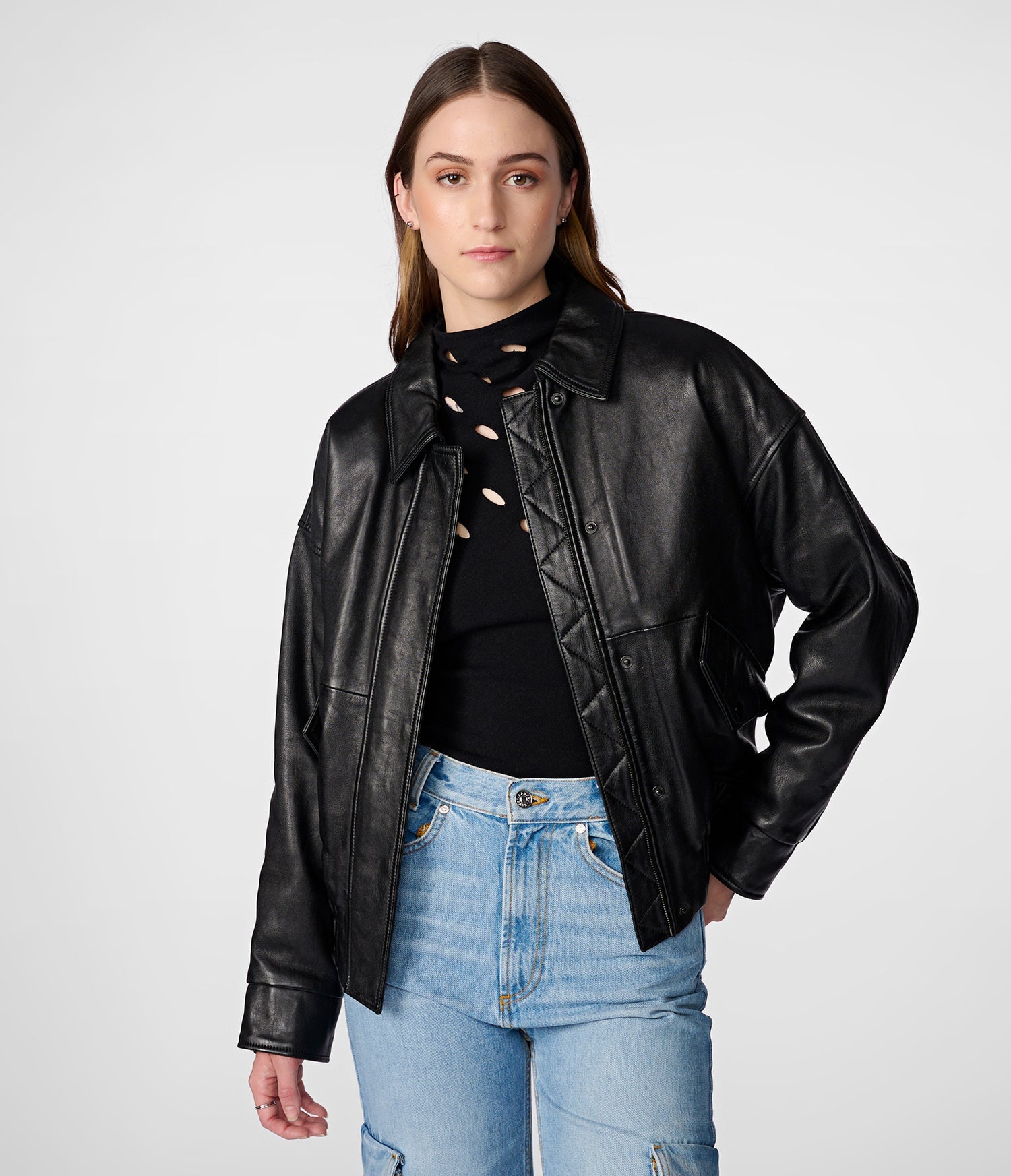 Black Collared Aviator Leather Jacket