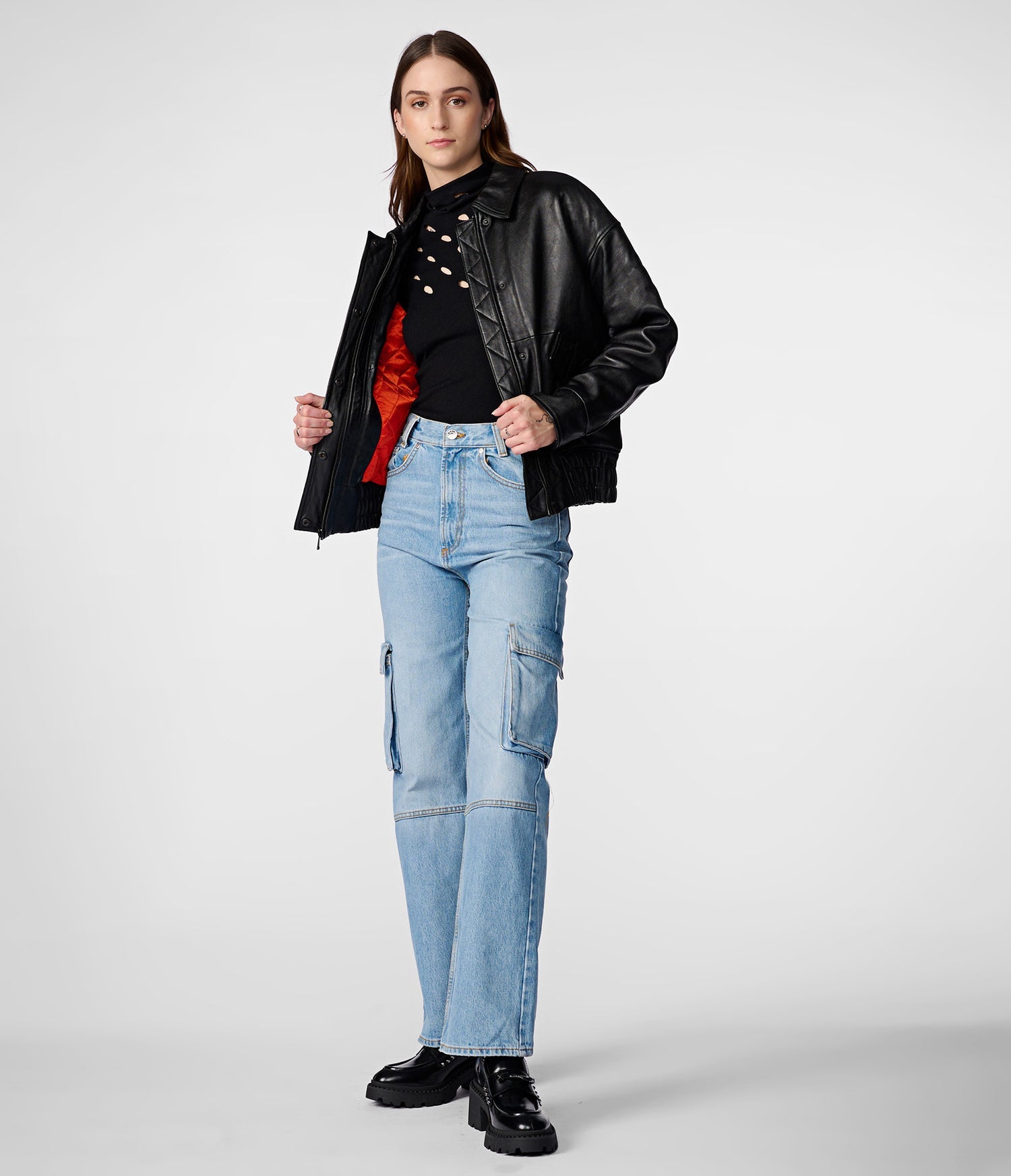 Black Collared Aviator Leather Jacket