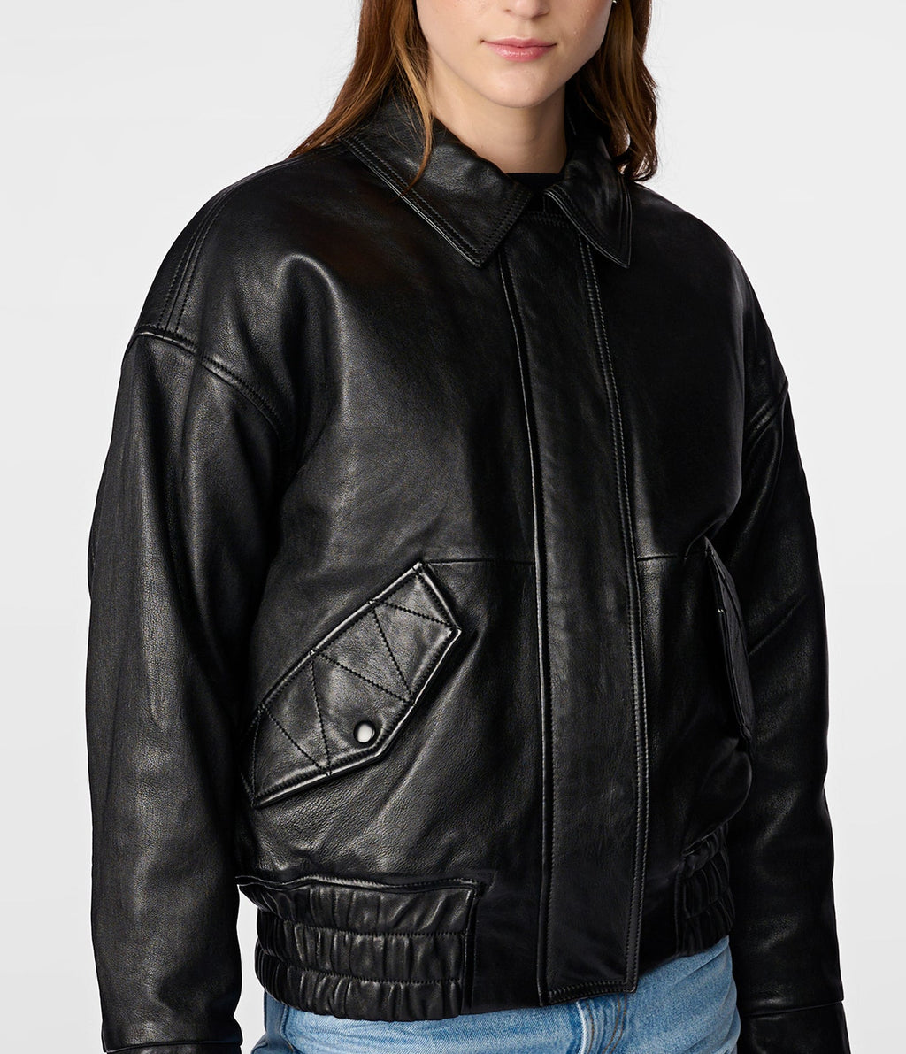 Black Collared Aviator Leather Jacket