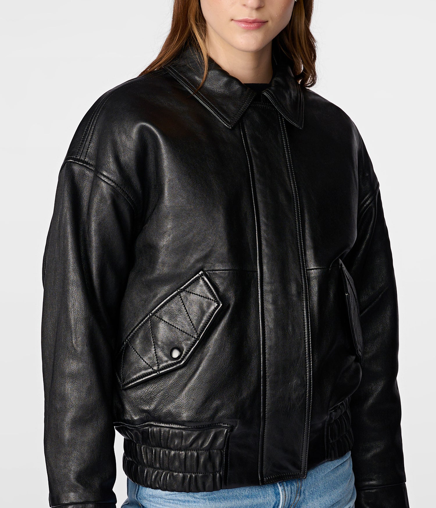 Black Collared Aviator Leather Jacket