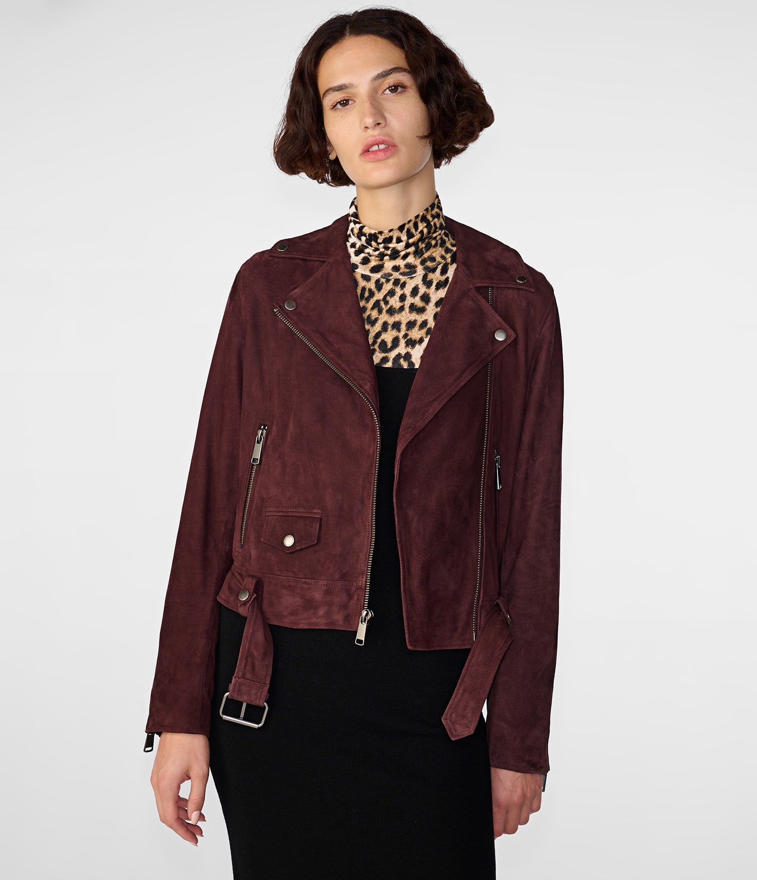 Suede Belted Biker Leather Jacket