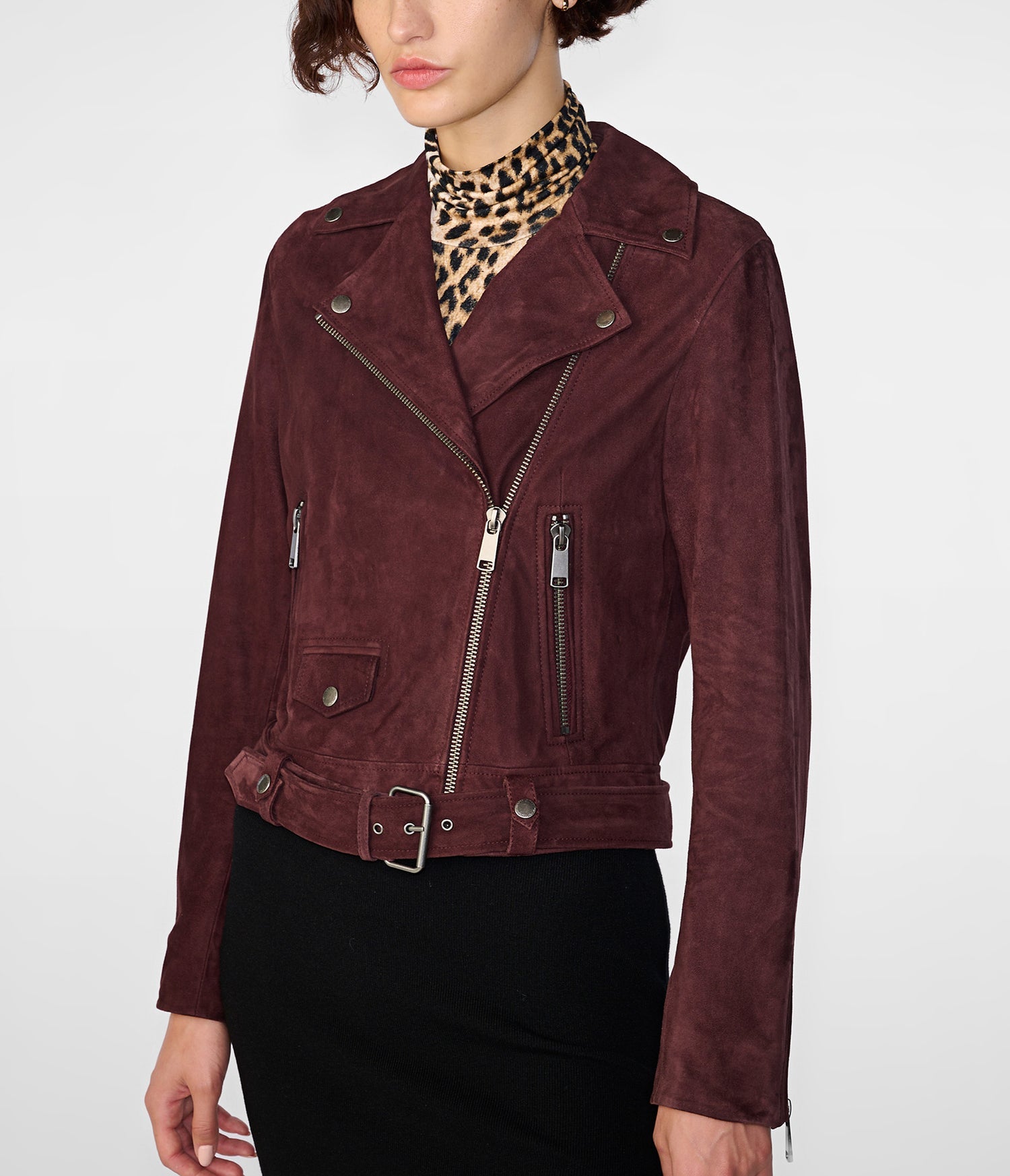 Suede Belted Biker Leather Jacket