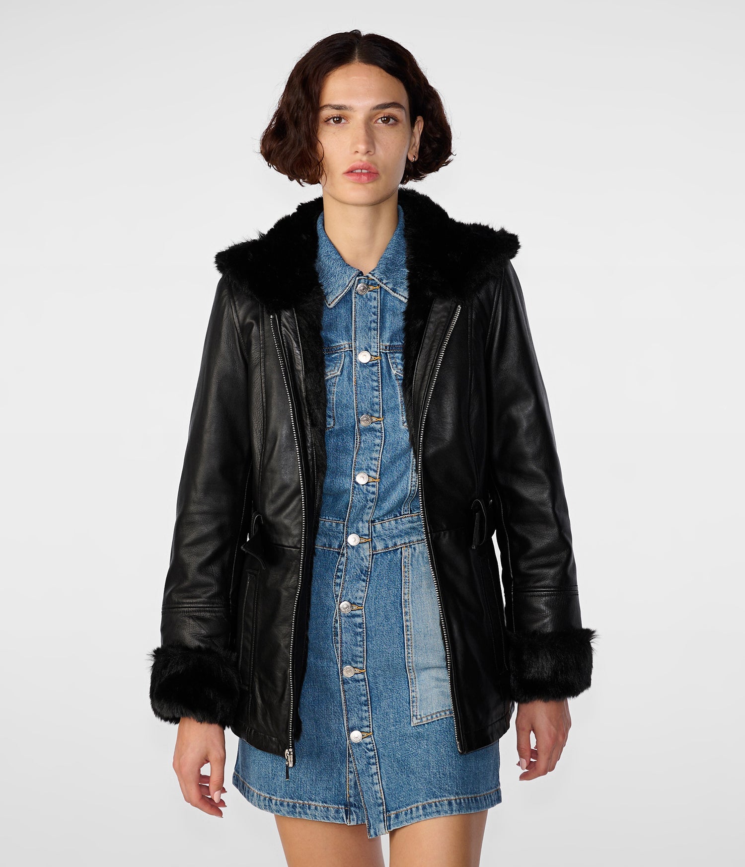 Black Fur Belted Leather Jacket