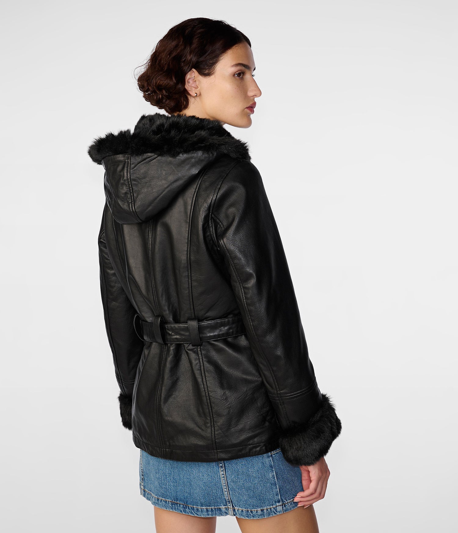 Black Fur Belted Leather Jacket