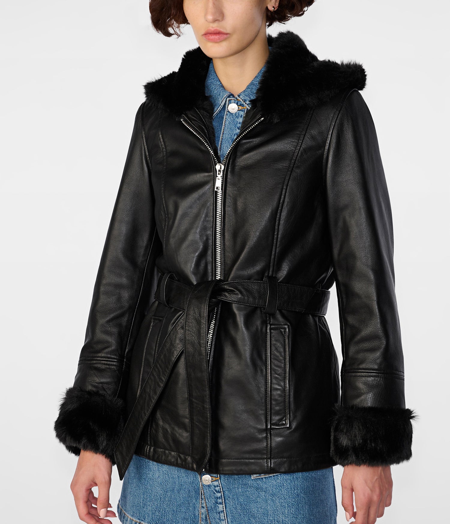 Black Fur Belted Leather Jacket