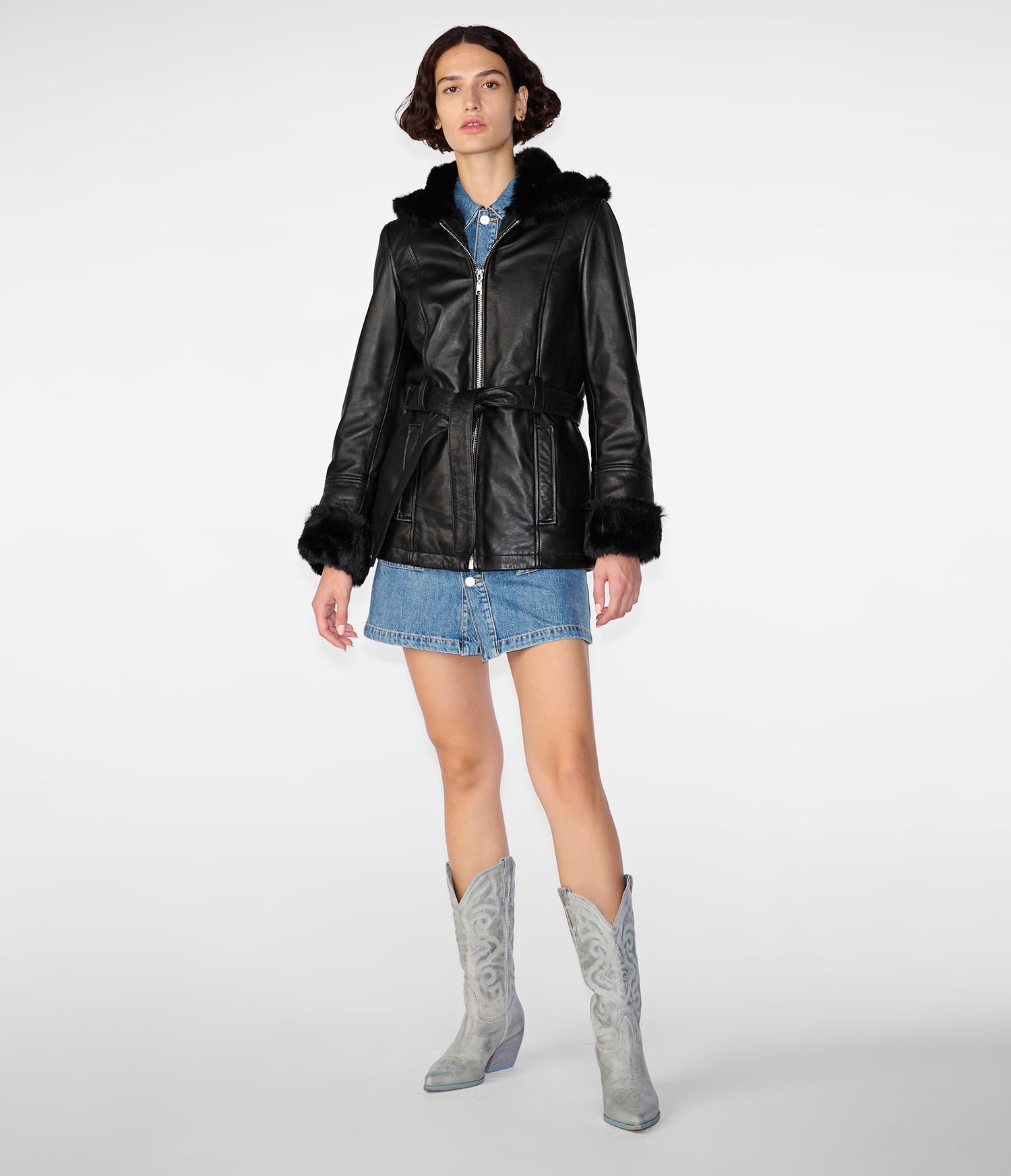 Black Fur Belted Leather Jacket