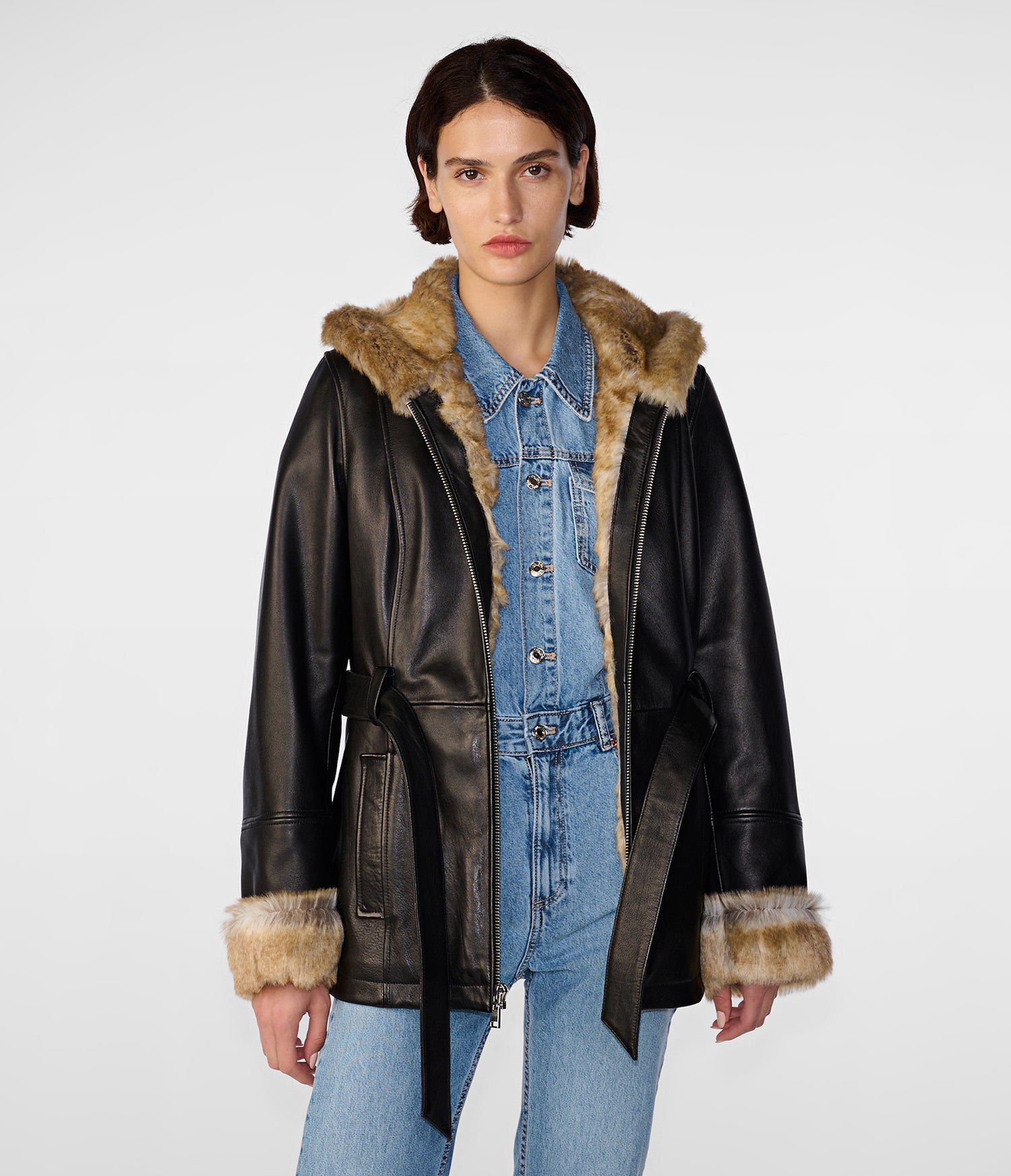 Genevieve Brown Fur Belted Leather Jacket