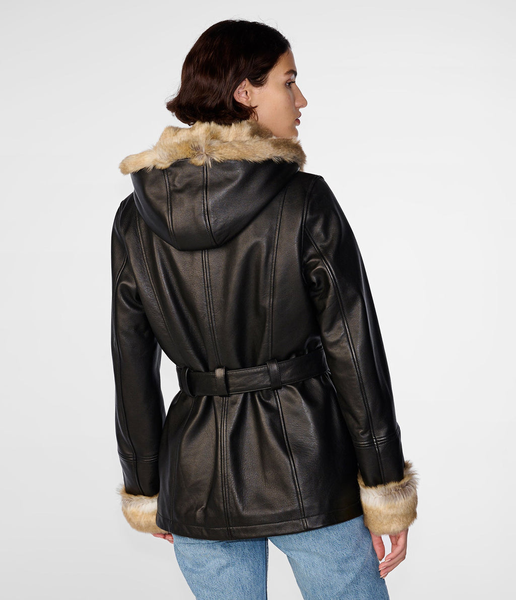 Genevieve Brown Fur Belted Leather Jacket