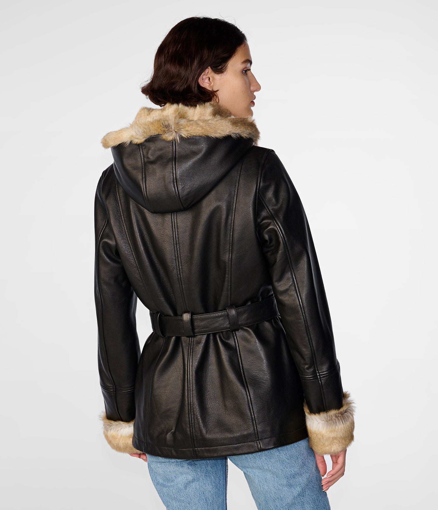 Genevieve Brown Fur Belted Leather Jacket
