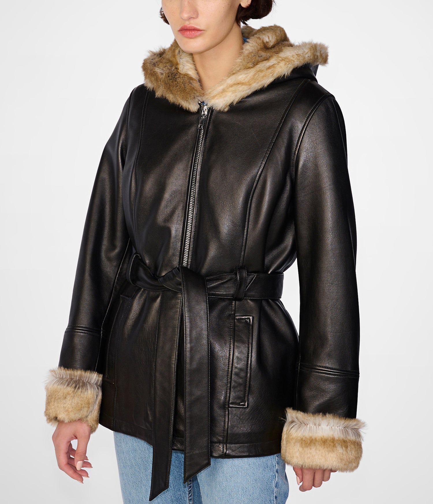 Genevieve Brown Fur Belted Leather Jacket