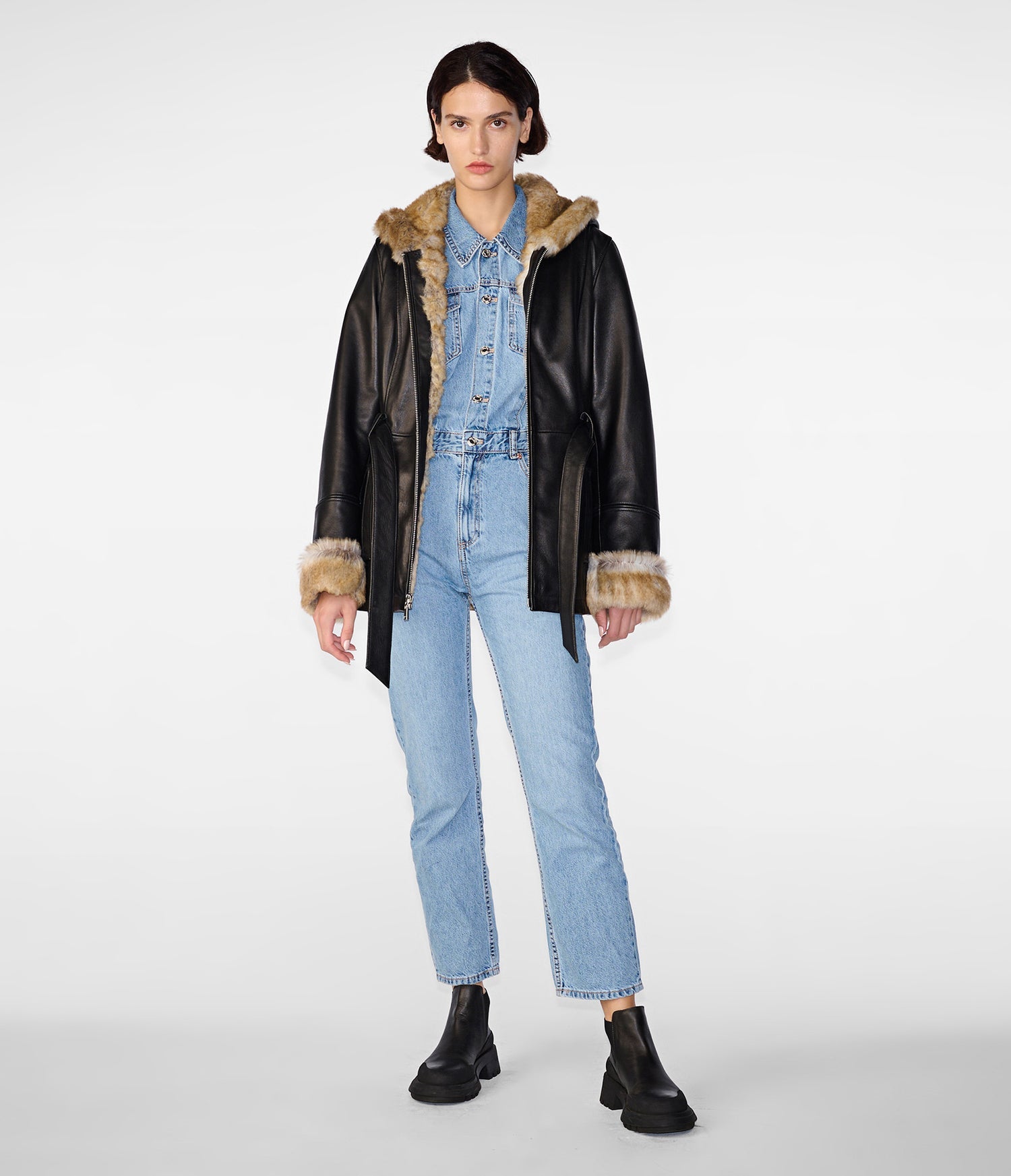 Genevieve Brown Fur Belted Leather Jacket